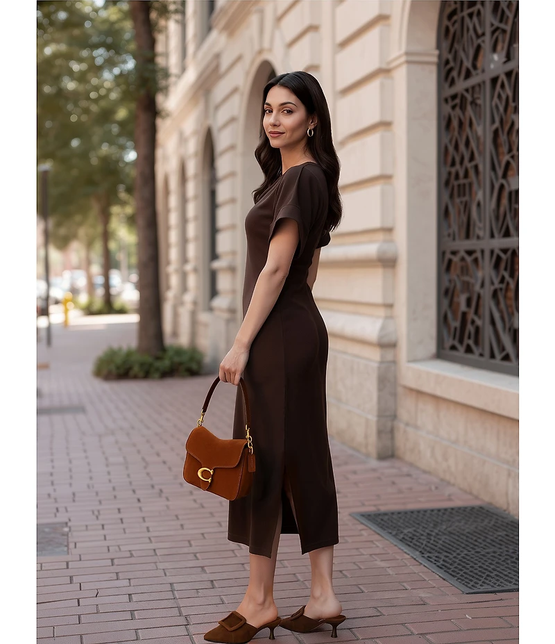 Le' AL.X Stretch Knit Crew Neck Short Cuffed Sleeve Midi T-Shirt Dress