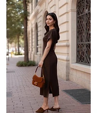 Le' AL.X Stretch Knit Crew Neck Short Cuffed Sleeve Midi T-Shirt Dress