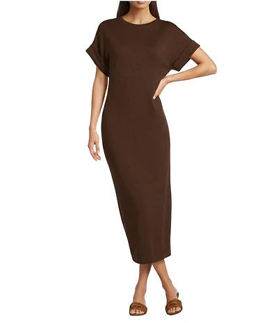 Le' AL.X Stretch Knit Crew Neck Short Cuffed Sleeve Midi T-Shirt Dress