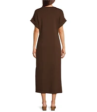 Le' AL.X Stretch Knit Crew Neck Short Cuffed Sleeve Midi T-Shirt Dress