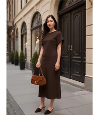 Le' AL.X Stretch Knit Crew Neck Short Cuffed Sleeve Midi T-Shirt Dress