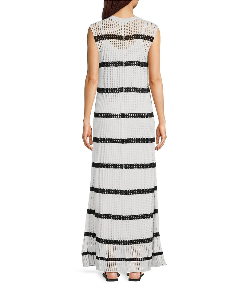 Le' AL.X Stripe Knit Crochet Crew Neck Sleeveless Shift Maxi Dress