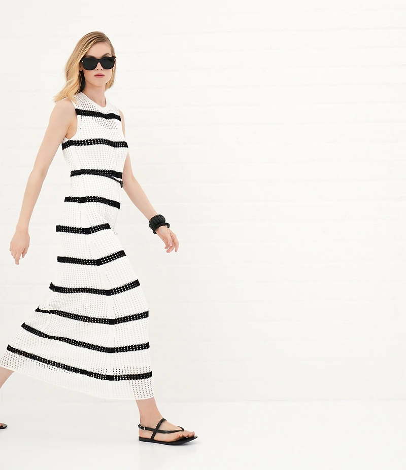 Le' AL.X Stripe Knit Crochet Crew Neck Sleeveless Shift Maxi Dress