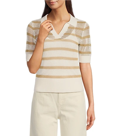 Le' AL.X Stripe Knit Wide Mesh Polo Collar V-Neck Short Rugby Top