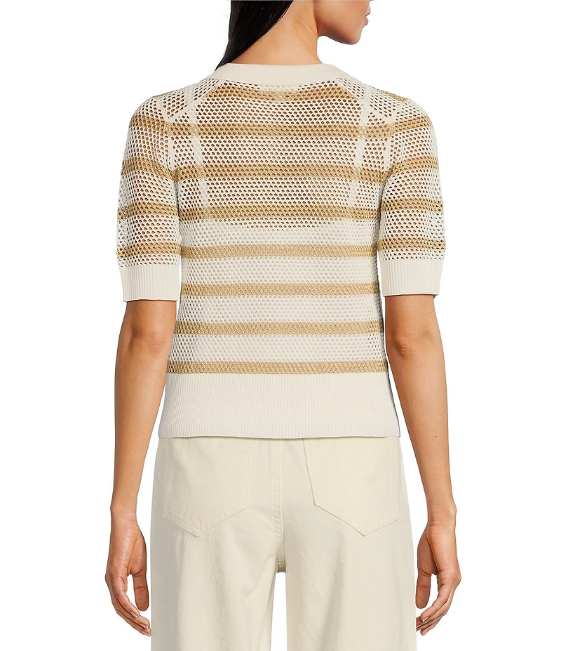 Le' AL.X Stripe Knit Wide Mesh Polo Collar V-Neck Short Rugby Top