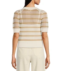 Le' AL.X Stripe Knit Wide Mesh Polo Collar V-Neck Short Rugby Top