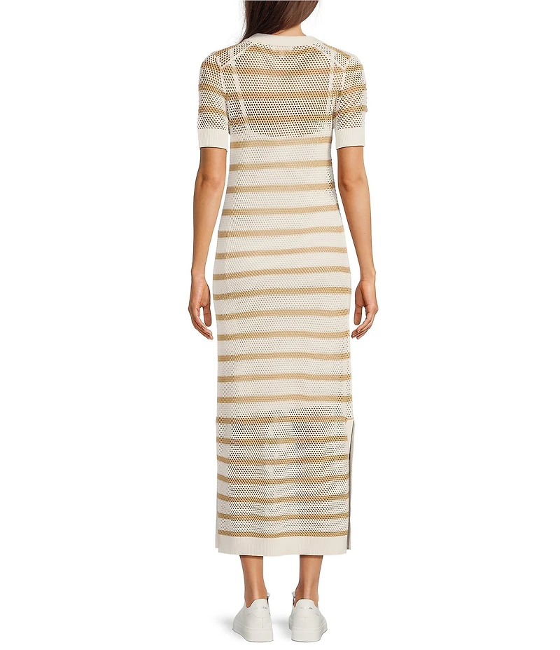 Le' AL.X Stripe Knit Wide Mesh Polo Collar V-Neck Short Sleeve Sheath Maxi Dress