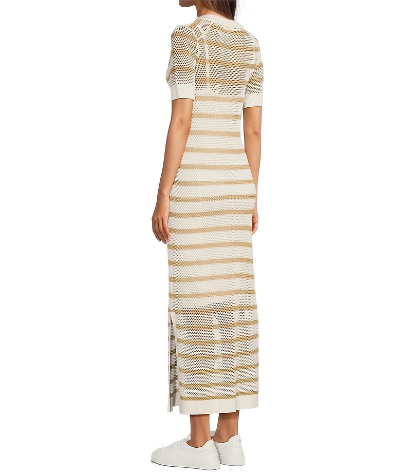 Le' AL.X Stripe Knit Wide Mesh Polo Collar V-Neck Short Sleeve Sheath Maxi Dress