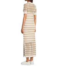 Le' AL.X Stripe Knit Wide Mesh Polo Collar V-Neck Short Sleeve Sheath Maxi Dress