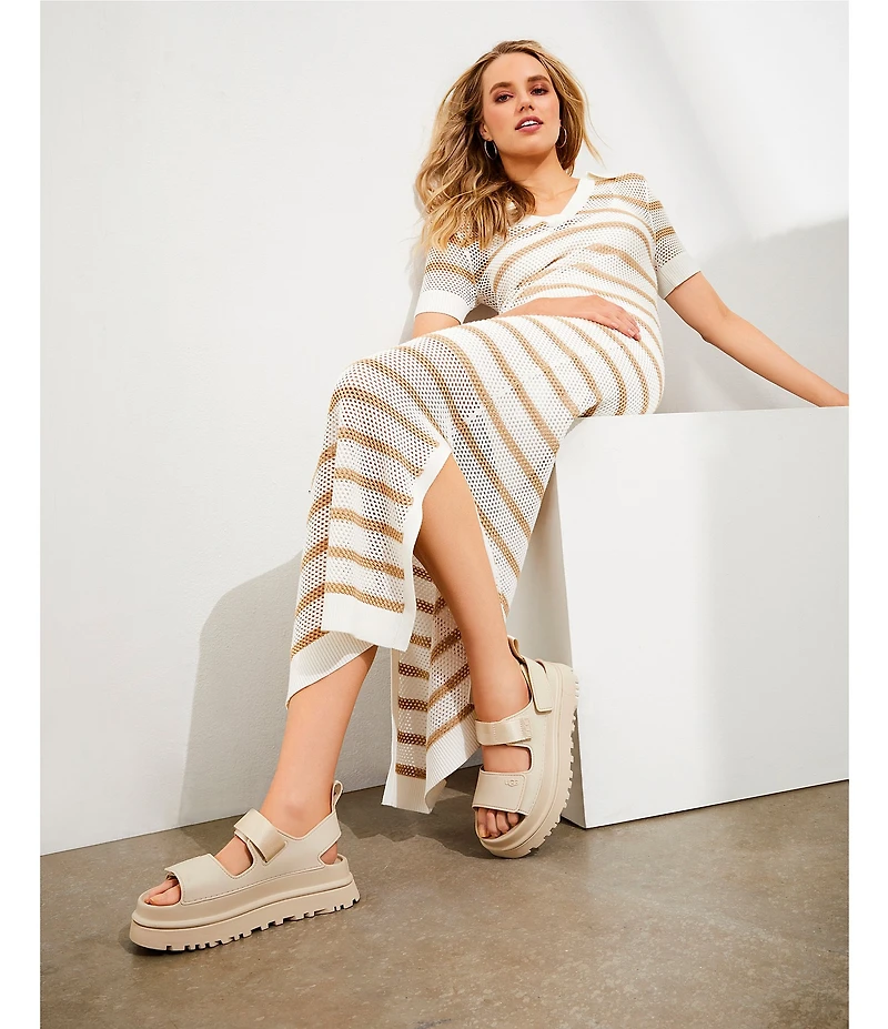 Le' AL.X Stripe Knit Wide Mesh Polo Collar V-Neck Short Sleeve Sheath Maxi Dress