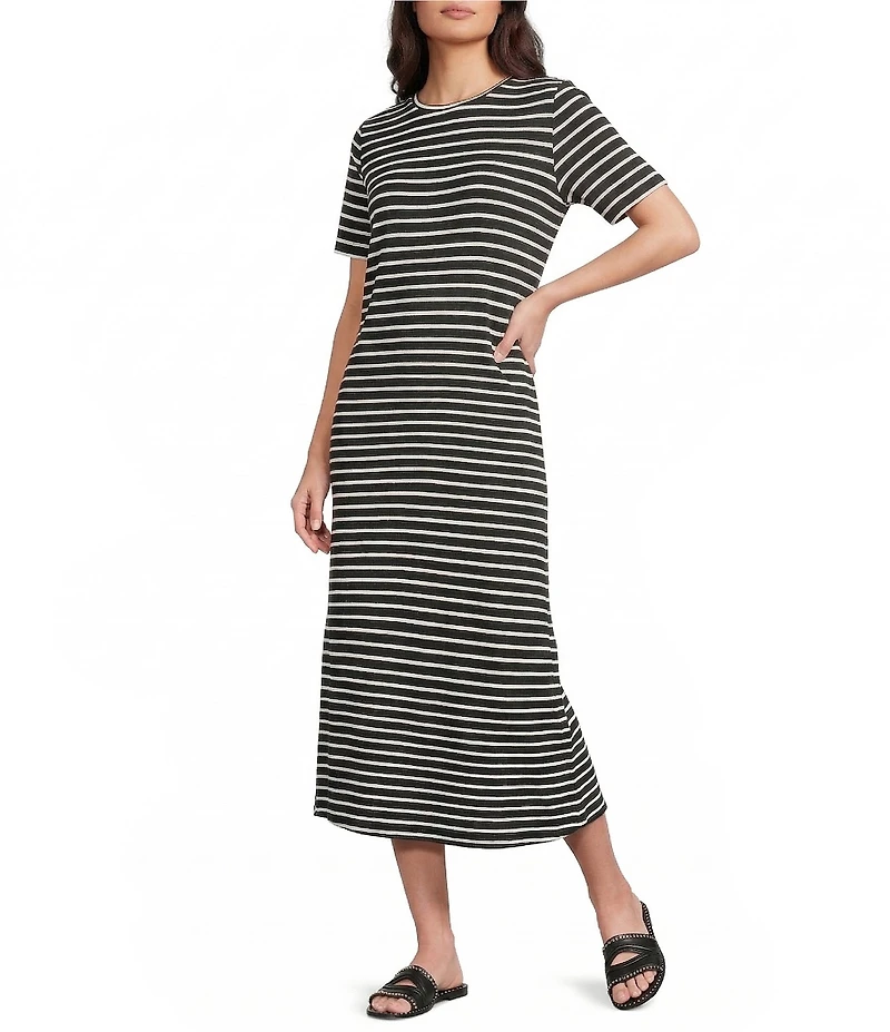 Le' AL.X Striped Print Crew Neck Short Sleeve Midi Dress