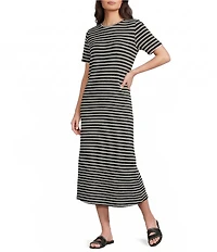 Le' AL.X Striped Print Crew Neck Short Sleeve Midi Dress