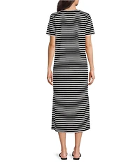 Le' AL.X Striped Print Crew Neck Short Sleeve Midi Dress