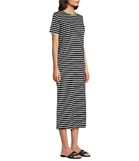 Le' AL.X Striped Print Crew Neck Short Sleeve Midi Dress