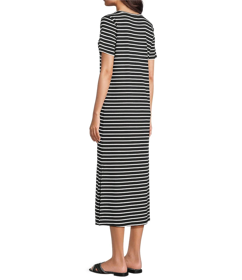 Le' AL.X Striped Print Crew Neck Short Sleeve Midi Dress