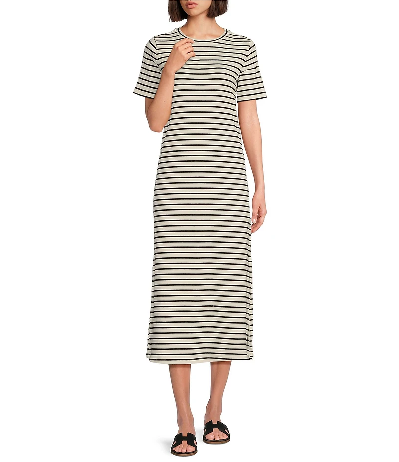 Le' AL.X Stripe Stretch Knit Crew Neck Short Sleeve T-Shirt Midi Dress