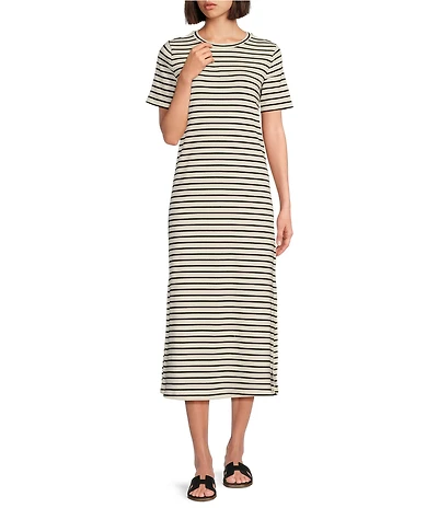 Le' AL.X Stripe Stretch Knit Crew Neck Short Sleeve T-Shirt Midi Dress