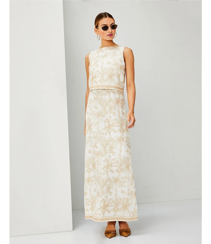 Le' AL.X Toile Print Linen Sleeveless Spaghetti Strap Column Maxi Dress
