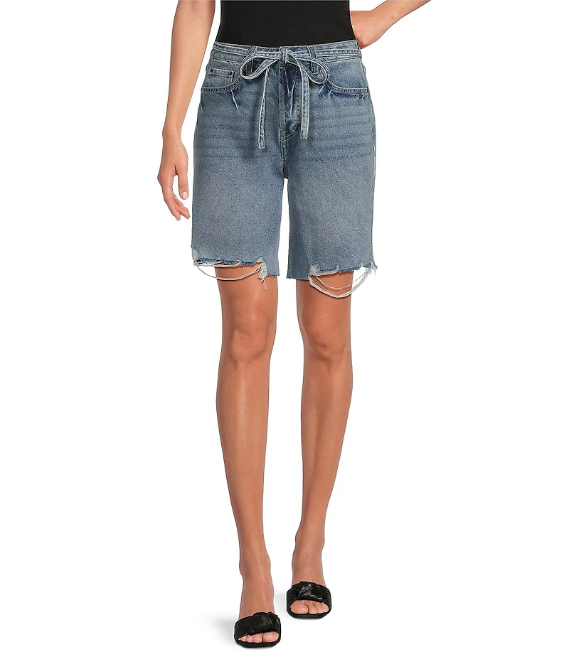 Le' AL.X Washed Woven Denim Mid Rise Tie Waist Distressed Bermuda Jean Shorts