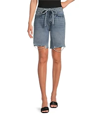 Le' AL.X Washed Woven Denim Mid Rise Tie Waist Distressed Bermuda Jean Shorts