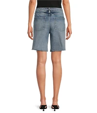 Le' AL.X Washed Woven Denim Mid Rise Tie Waist Distressed Bermuda Jean Shorts