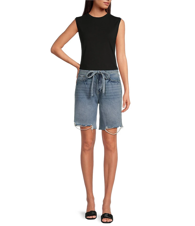 Le' AL.X Washed Woven Denim Mid Rise Tie Waist Distressed Bermuda Jean Shorts