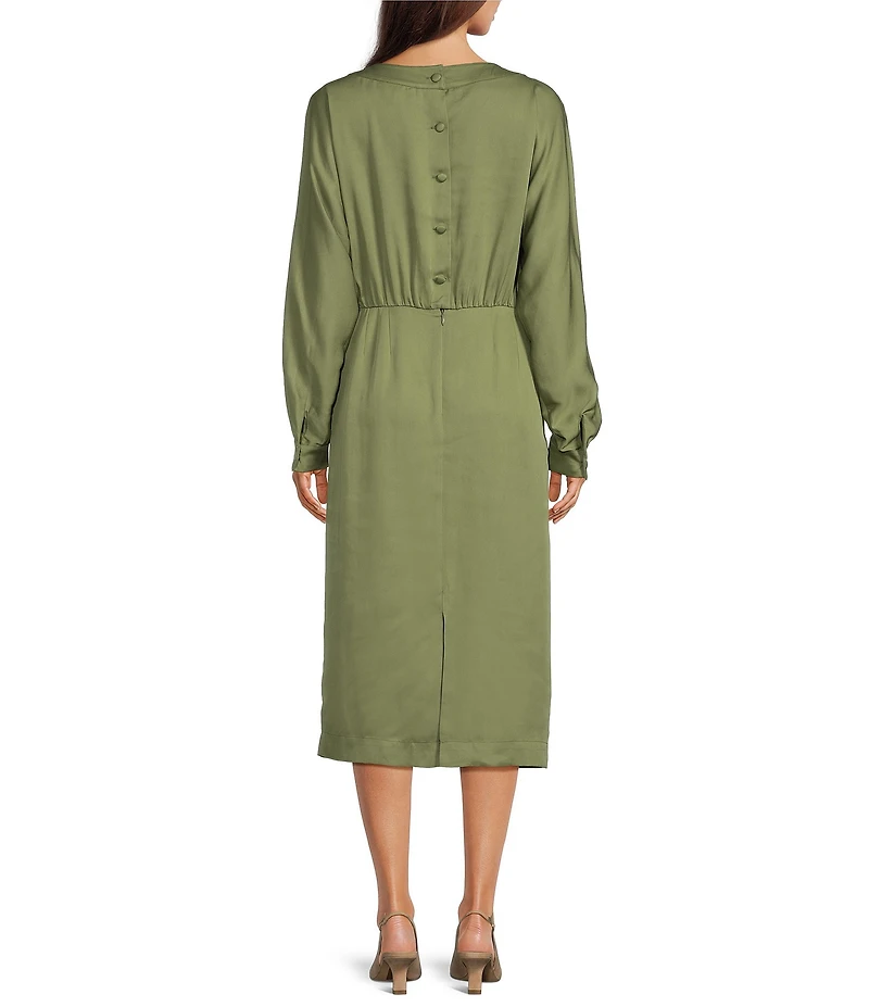 Le' AL.X Woven Boat Neck Long Dolman Blouson Sleeve Keyhole Pleat Sheath Midi Dress