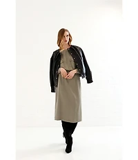 Le' AL.X Woven Boat Neck Long Dolman Blouson Sleeve Keyhole Pleat Sheath Midi Dress