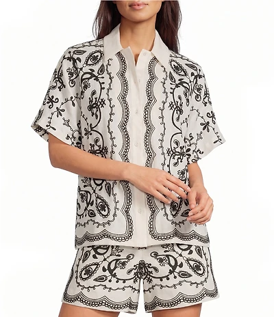 Le' AL.X Woven Embroidered Collared Short Sleeve Button Front Coordinating Shirt