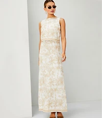 Le' AL.X Woven Linen Cotton Toile Print Boat Neck Sleeveless Crop Coordinating Top