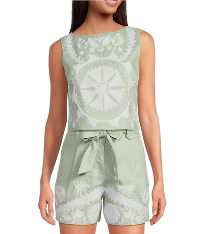 Le' AL.X Woven Linen Floral Embroidered Boat Neck Sleeveless Crop Mod Coordinating Top