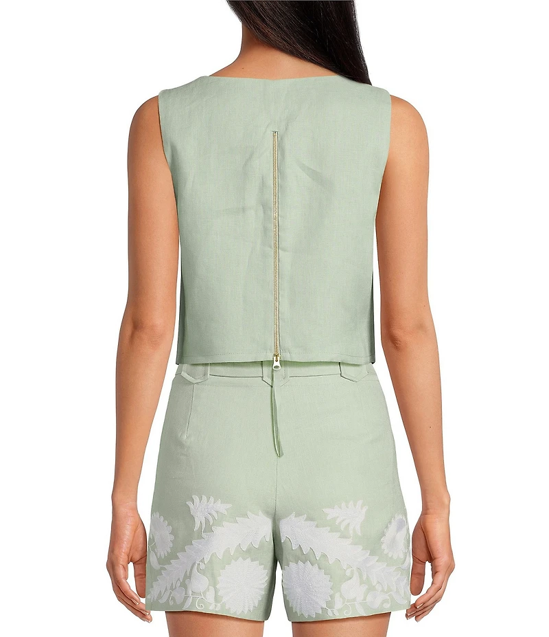 Le' AL.X Woven Linen Floral Embroidered Boat Neck Sleeveless Crop Mod Coordinating Top