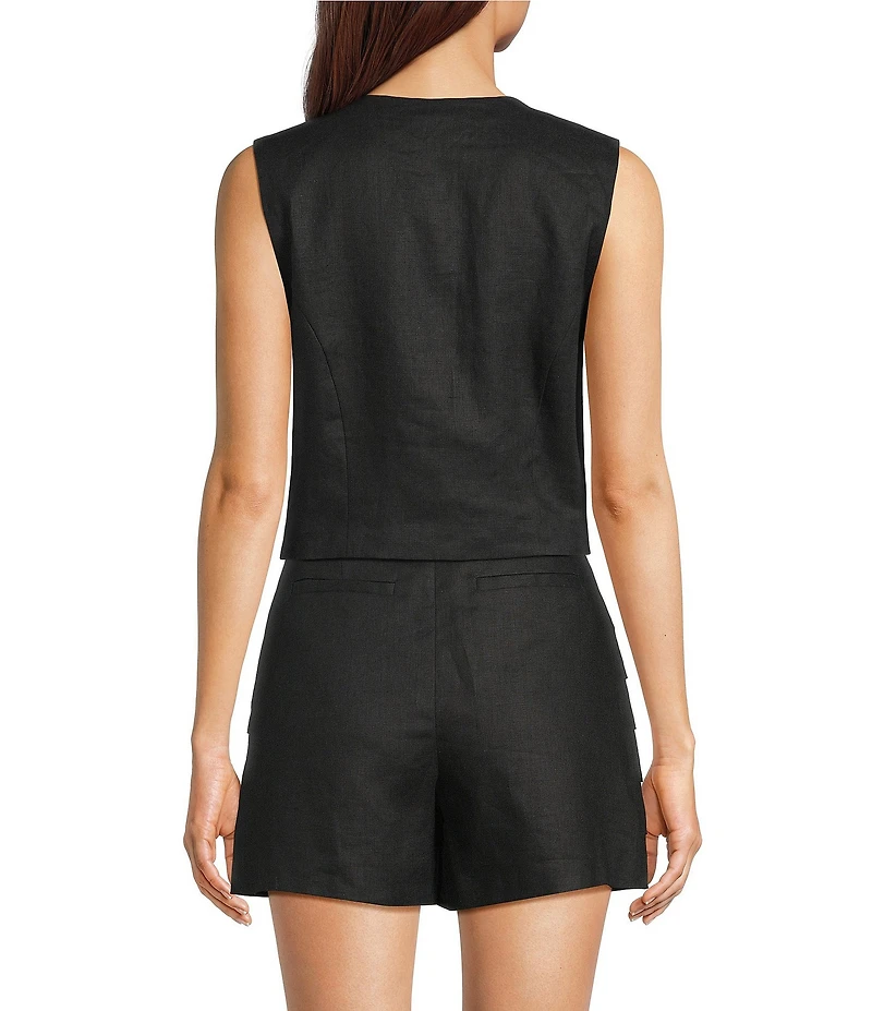 Le' AL.X Woven Linen Pleated Crew Neck Button Front Sleeveless Coordinating Vest