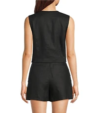 Le' AL.X Woven Linen Pleated Crew Neck Button Front Sleeveless Coordinating Vest