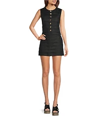 Le' AL.X Woven Linen Pleated Crew Neck Button Front Sleeveless Coordinating Vest