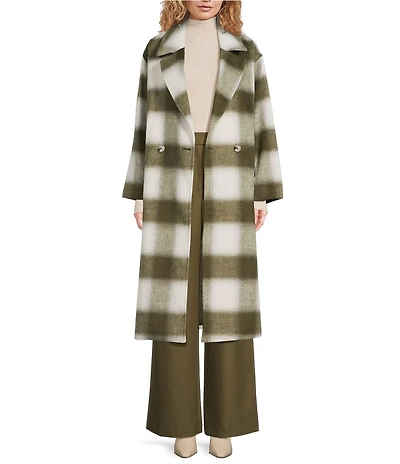 Le' AL.X Woven Plaid Print Notch Lapel Long Sleeve Double Breasted Long Line Blazer Coordinating Trench Coat