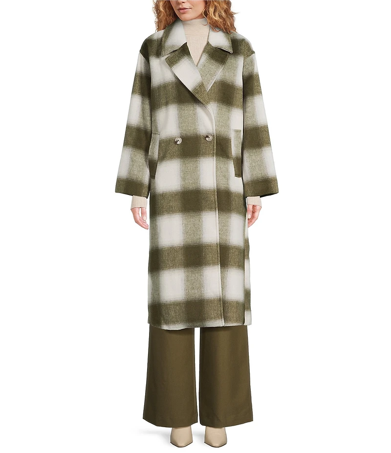 Le' AL.X Woven Plaid Print Notch Lapel Long Sleeve Double Breasted Long Line Blazer Coordinating Trench Coat