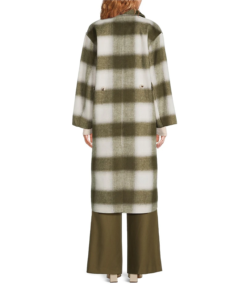 Le' AL.X Woven Plaid Print Notch Lapel Long Sleeve Double Breasted Long Line Blazer Coordinating Trench Coat