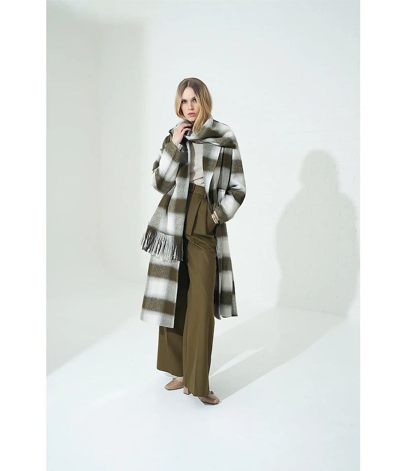 Le' AL.X Woven Plaid Print Notch Lapel Long Sleeve Double Breasted Long Line Blazer Coordinating Trench Coat