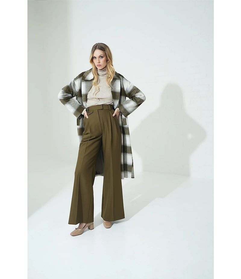 Le' AL.X Woven Plaid Print Notch Lapel Long Sleeve Double Breasted Long Line Blazer Coordinating Trench Coat