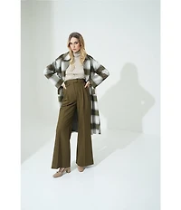 Le' AL.X Woven Plaid Print Notch Lapel Long Sleeve Double Breasted Long Line Blazer Coordinating Trench Coat