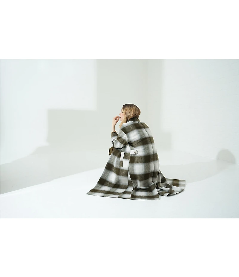 Le' AL.X Woven Plaid Print Notch Lapel Long Sleeve Double Breasted Long Line Blazer Coordinating Trench Coat