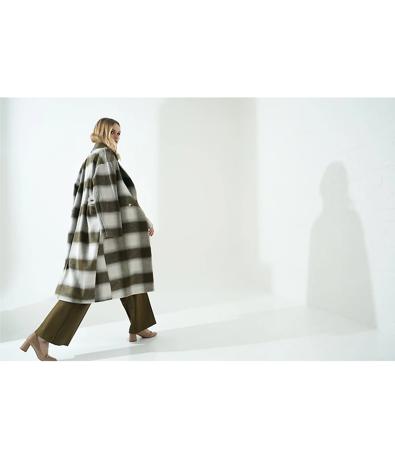 Le' AL.X Woven Plaid Print Notch Lapel Long Sleeve Double Breasted Long Line Blazer Coordinating Trench Coat