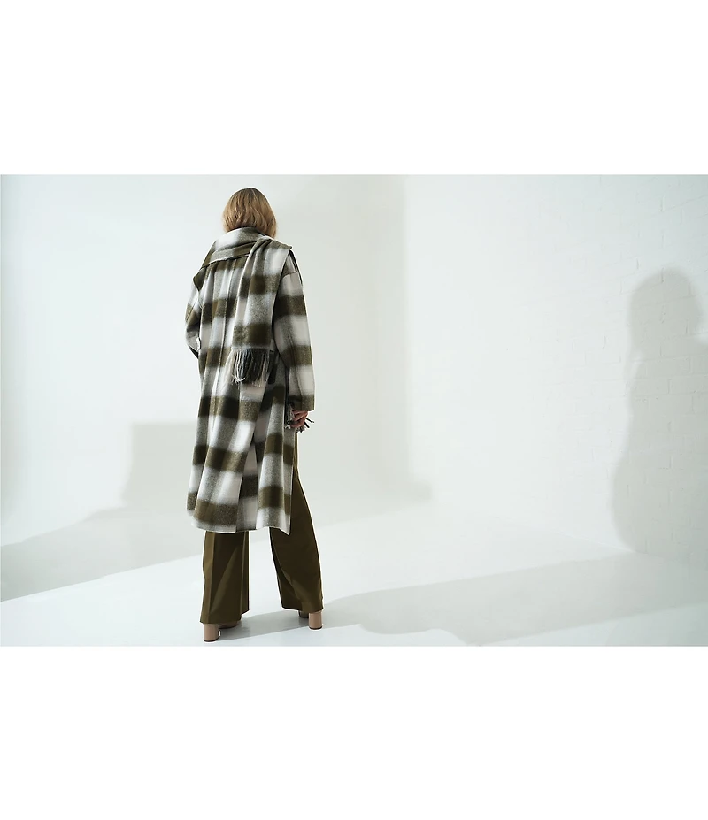 Le' AL.X Woven Plaid Print Notch Lapel Long Sleeve Double Breasted Long Line Blazer Coordinating Trench Coat