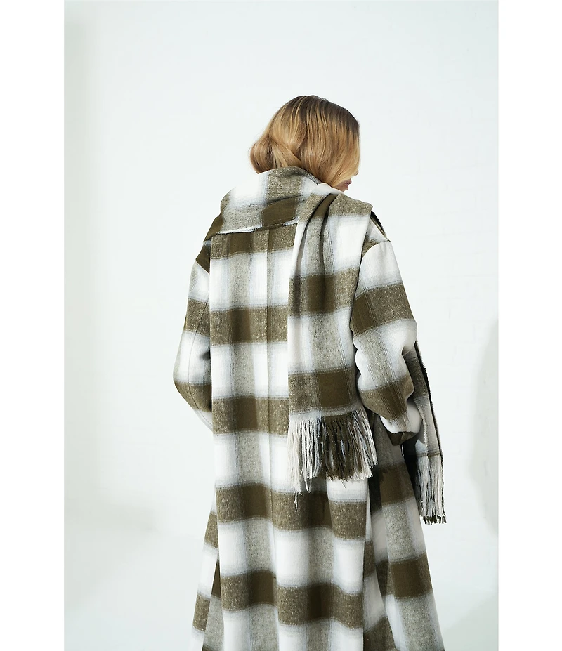 Le' AL.X Woven Plaid Print Notch Lapel Long Sleeve Double Breasted Long Line Blazer Coordinating Trench Coat