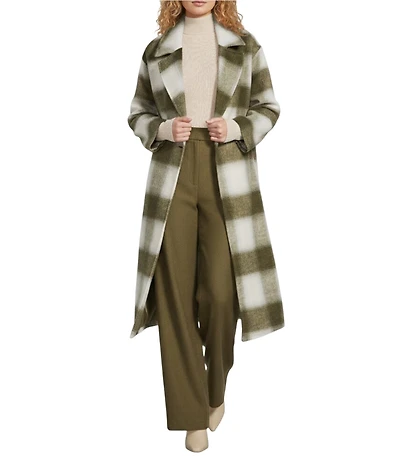 Le' AL.X Woven Plaid Print Notch Lapel Long Sleeve Double Breasted Long Line Blazer Coordinating Trench Coat