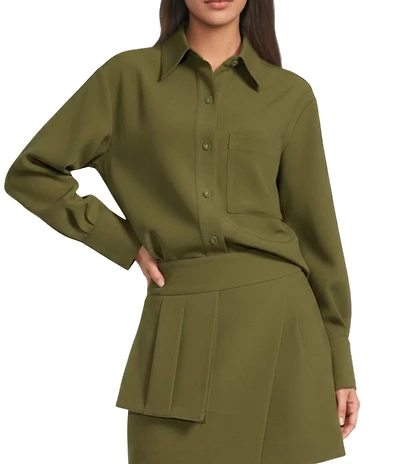 Le' AL.X Woven Point Collar Button Front Long Sleeve Oversized Coordinating Shirt