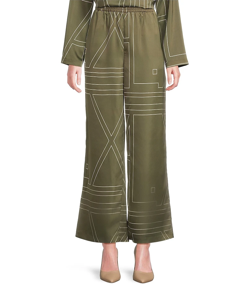 Le' AL.X Woven Satin Logo Print High Rise Wide Leg Flounce Coordinating Pants