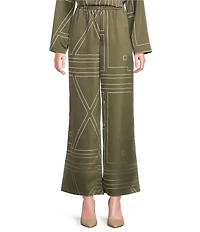 Le' AL.X Woven Satin Logo Print High Rise Wide Leg Flounce Coordinating Pants