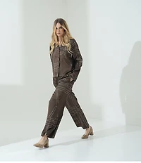 Le' AL.X Woven Satin Logo Print High Rise Wide Leg Flounce Coordinating Pants